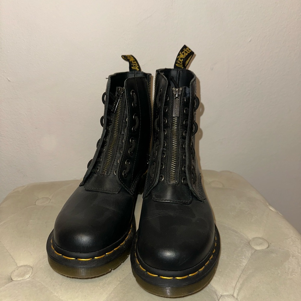 Dr. Martens Black Leather Combat Boots with Yellow Stitching